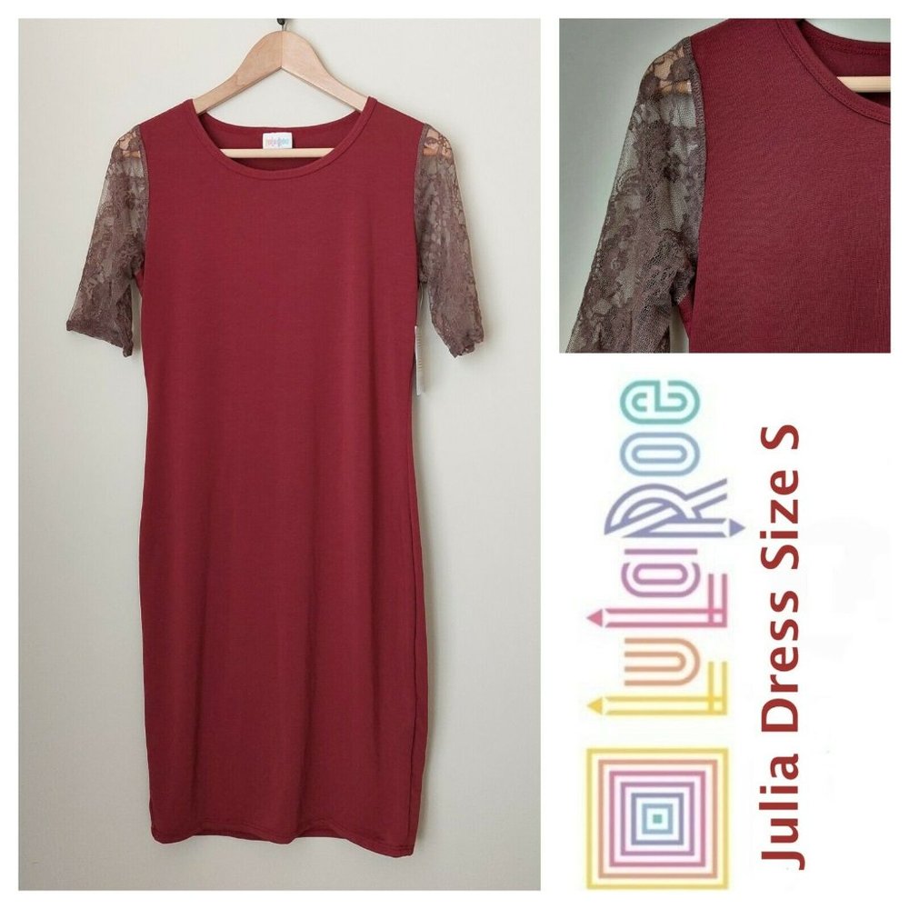 LuLaRoe  Julia Dress- Burgundy Brown Lace Half Sleeves Knee Length